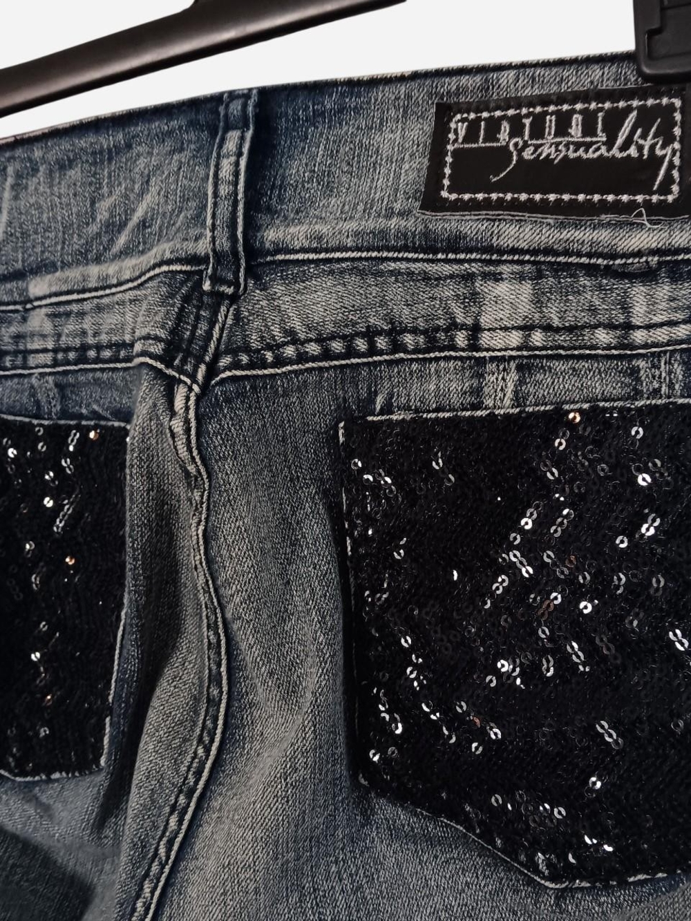 Women's Dark Blue Skinny Jeans with Black Sequin Pockets